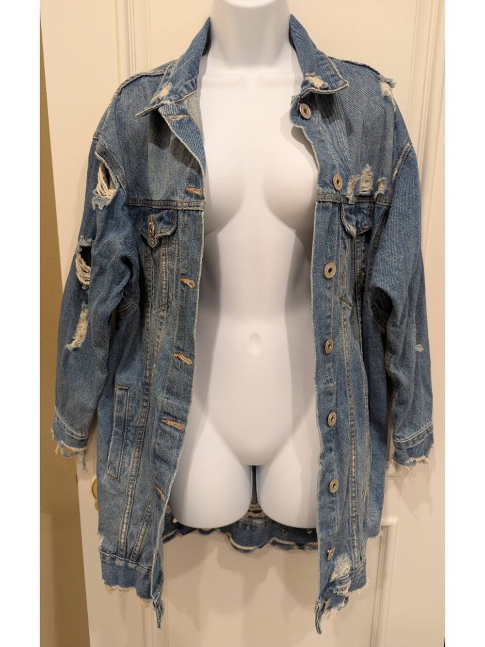 Oversized Denim Blue Jean Jacket Distressed Size S Small